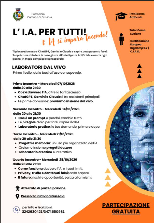 “L’IA per tutti”: a Gussola quattro serate per imparare l’intelligenza artificiale